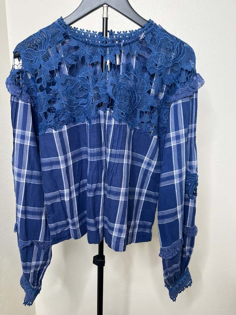 Free People Darling Diana Blue Plaid Lace Boho Cottagecore Prairie Top